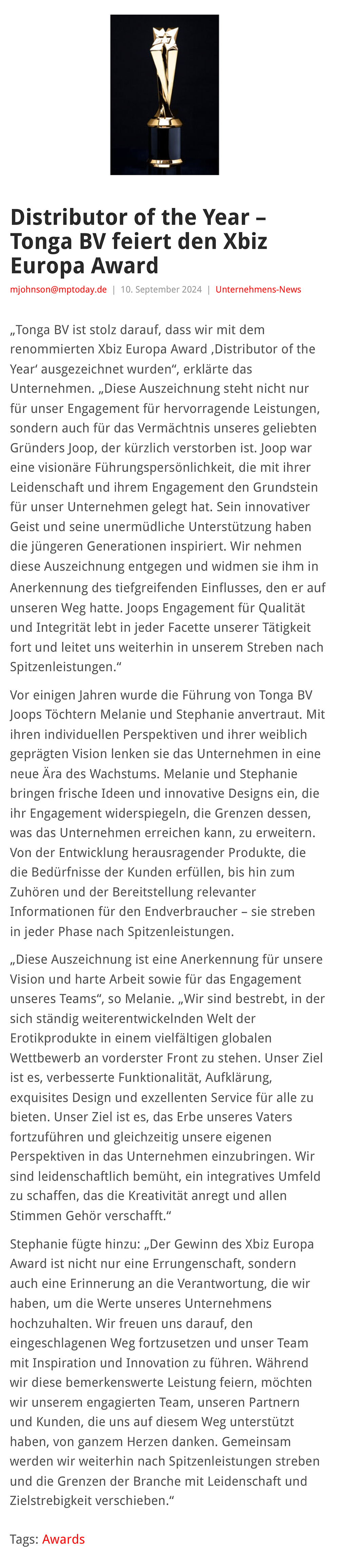 2024-09 eLine Online - Tonga BV feiert den Xbiz Europa Award